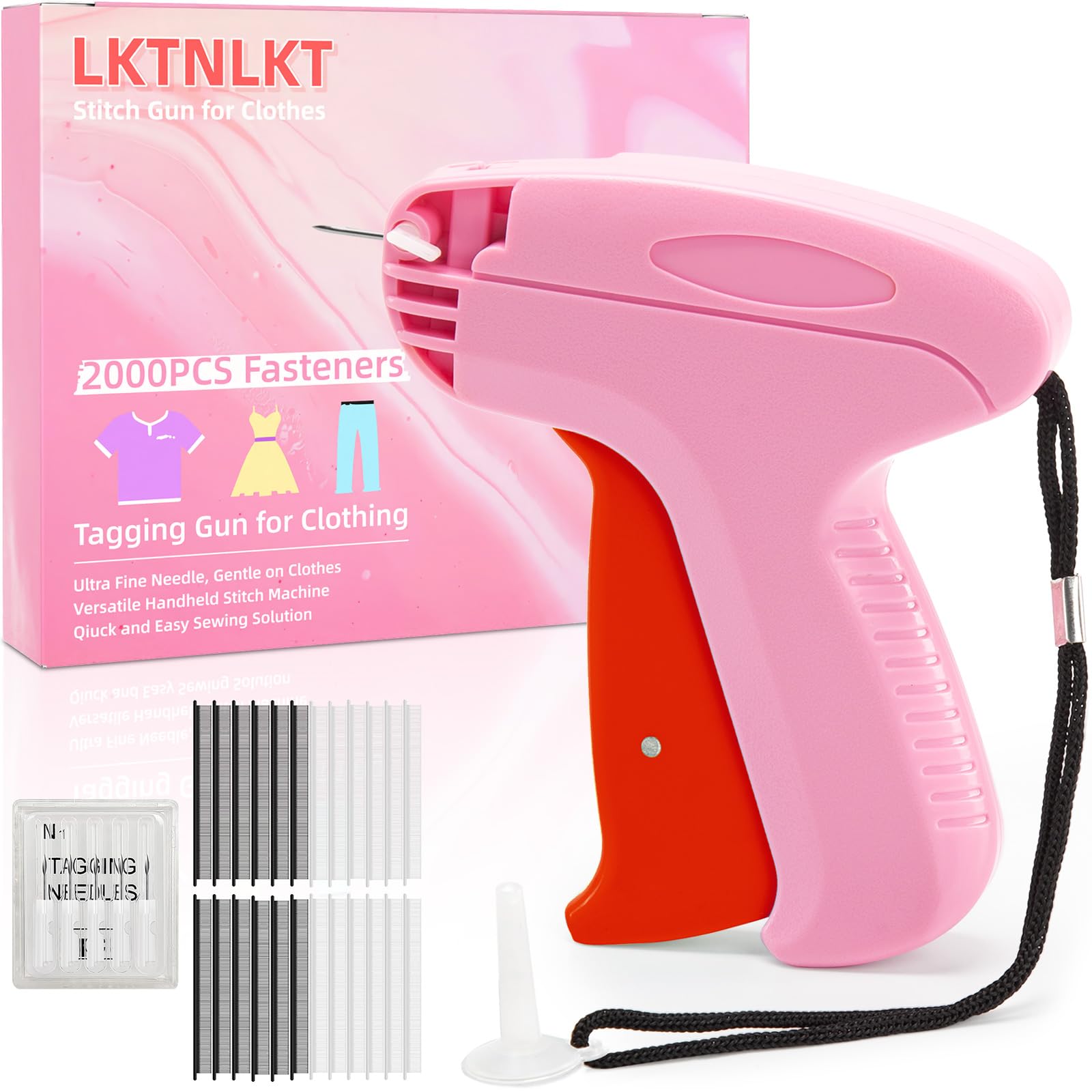 Photo 1 of Stitch  For Clothes - Includes 6 Fine Needles, 1000 White & 1000 Black Fasteners, Handheld Stitch Gun - Quick Clothing Fixer, Tag Gun for Clothes (Pink Red)