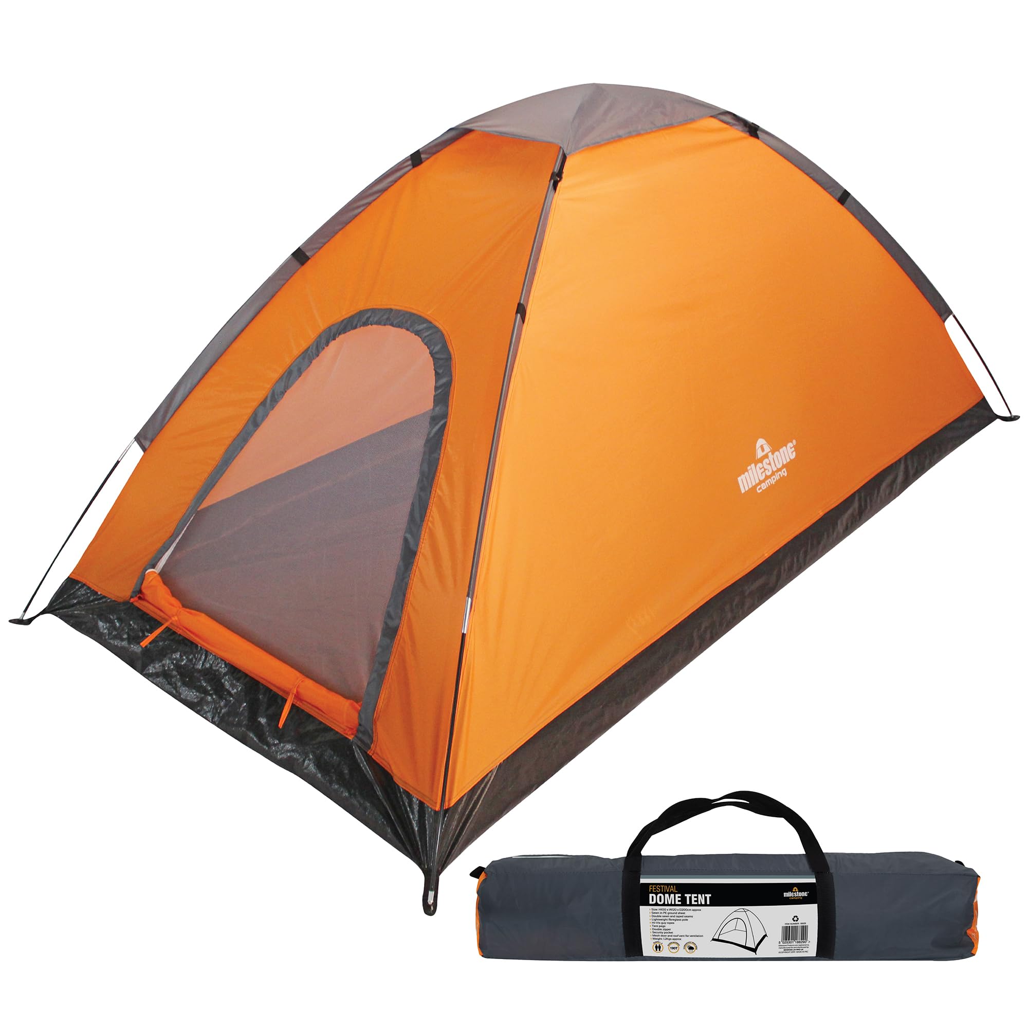 Milestone Camping 18839 Dome Tent/Sleeps 2 People/Water Resistant/Portable Carry Bag Included/Double Zipper Door & Mesh Window / 105cm x 150cm x 210cm