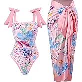 Cerdexon One Piece Bathing Suit for Women with Beach Cover up Wrap Skirt Swimsuit Sarong Retro Floral Print Bikini Set