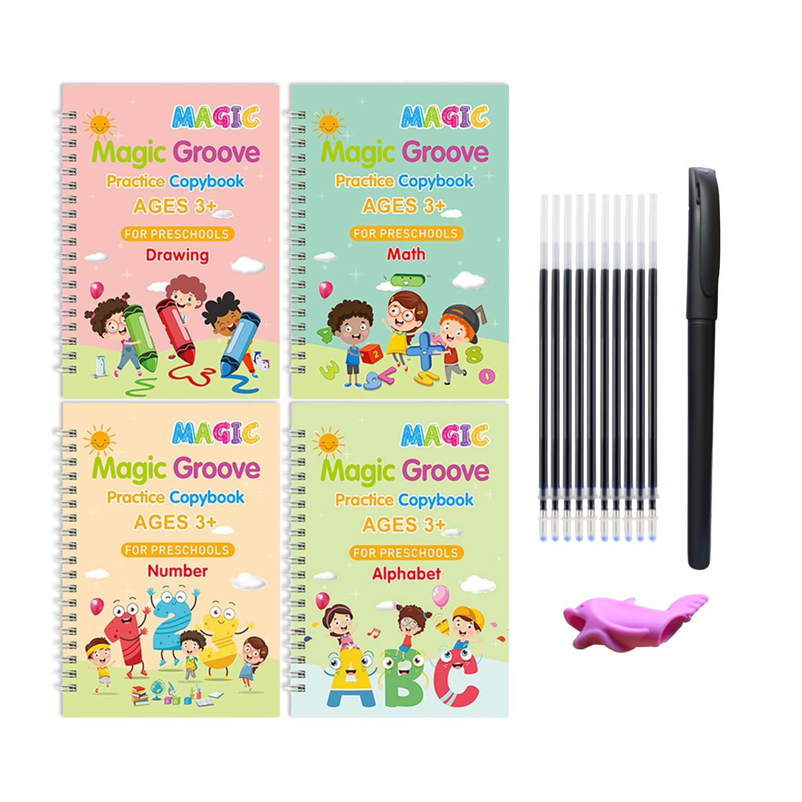 WUMUZAI 4 Pack grooved handwriting book practice, groove calligraphy, reusable magic copybook, grooved writing book disappearing ink, magic copy, magical letter number tracing workbook, A