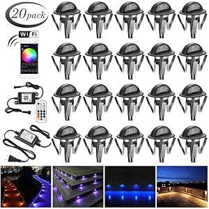 WiFi Wireless Recessed LED Deck Lighting Kit, FVTLED Pack of 20 Smart Phone APP Controlled Φ1.38" Half Moon In Ground Outdoor Landscape LED RGB Lights Working with Android & iOS Alexa Echo, Black