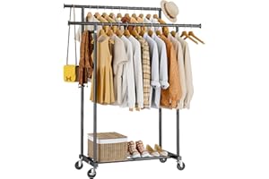 HYSEYY Double Rods Clothes Rack, Sturdy Rolling Clothing Rack, Portable Clothing Racks for Hanging Clothes - Metal Garment Rack Wardrobe Coat Rack for Bedroom Laundry Living Room, Black