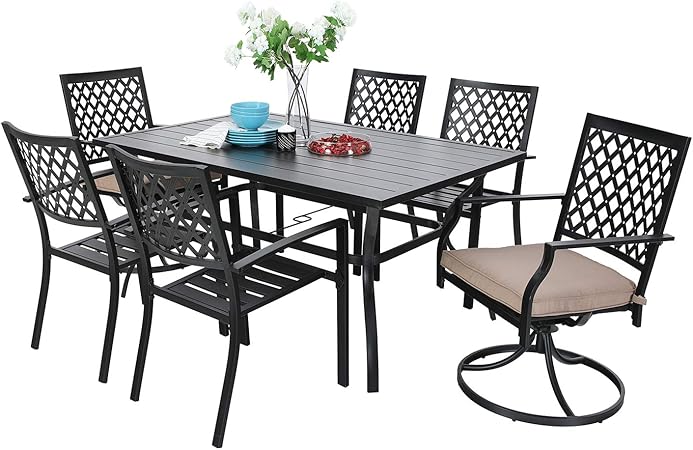 Amazon Com Mf Outdoor Patio Dining Set 7 Pieces 2 Swivel Chairs 4 Metal Chairs 1 Patio Dining Table With Umbrella Hole 6 Person For Lawn Garden Furniture Set Metal Frame Black Garden Outdoor