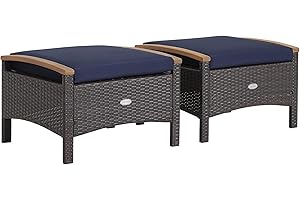 Tangkula 2 Piece Patio Rattan Ottomans, Outdoor Wicker Footstool w/Acacia Wood Handles, Soft Zippered Cushions, 3-in-1 Function Footstool Seat & Side Table for Backyard, Balcony, Poolside (Navy)