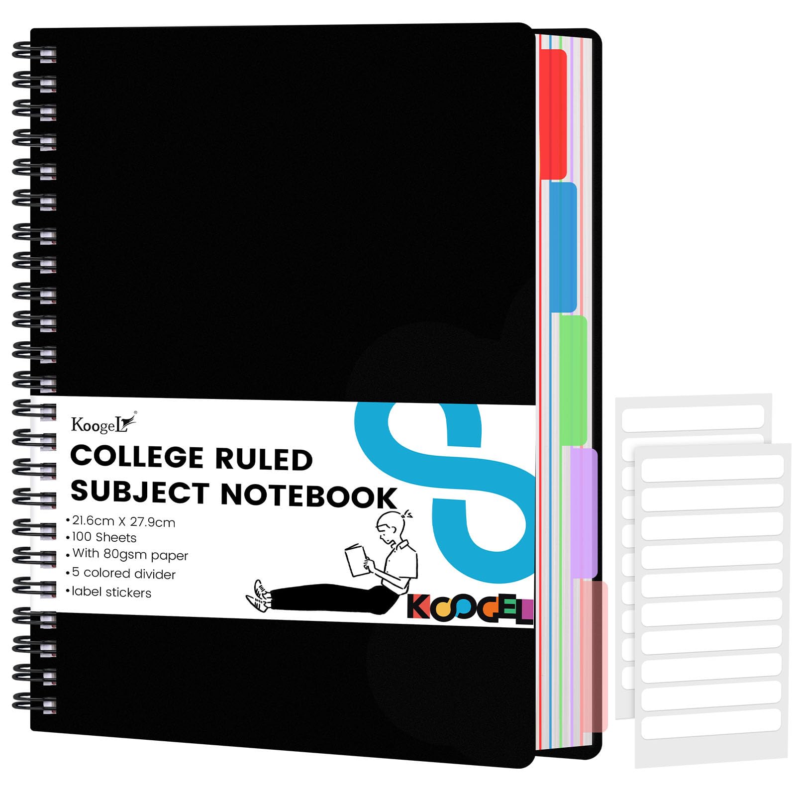 Koogel Black 5 Subject Spiral Notebook with Tabs, 200 Pages College Ruled Perforated 3-Hole Punched, 26.8 x 19.5 cm Hardcover Journal for School & Office