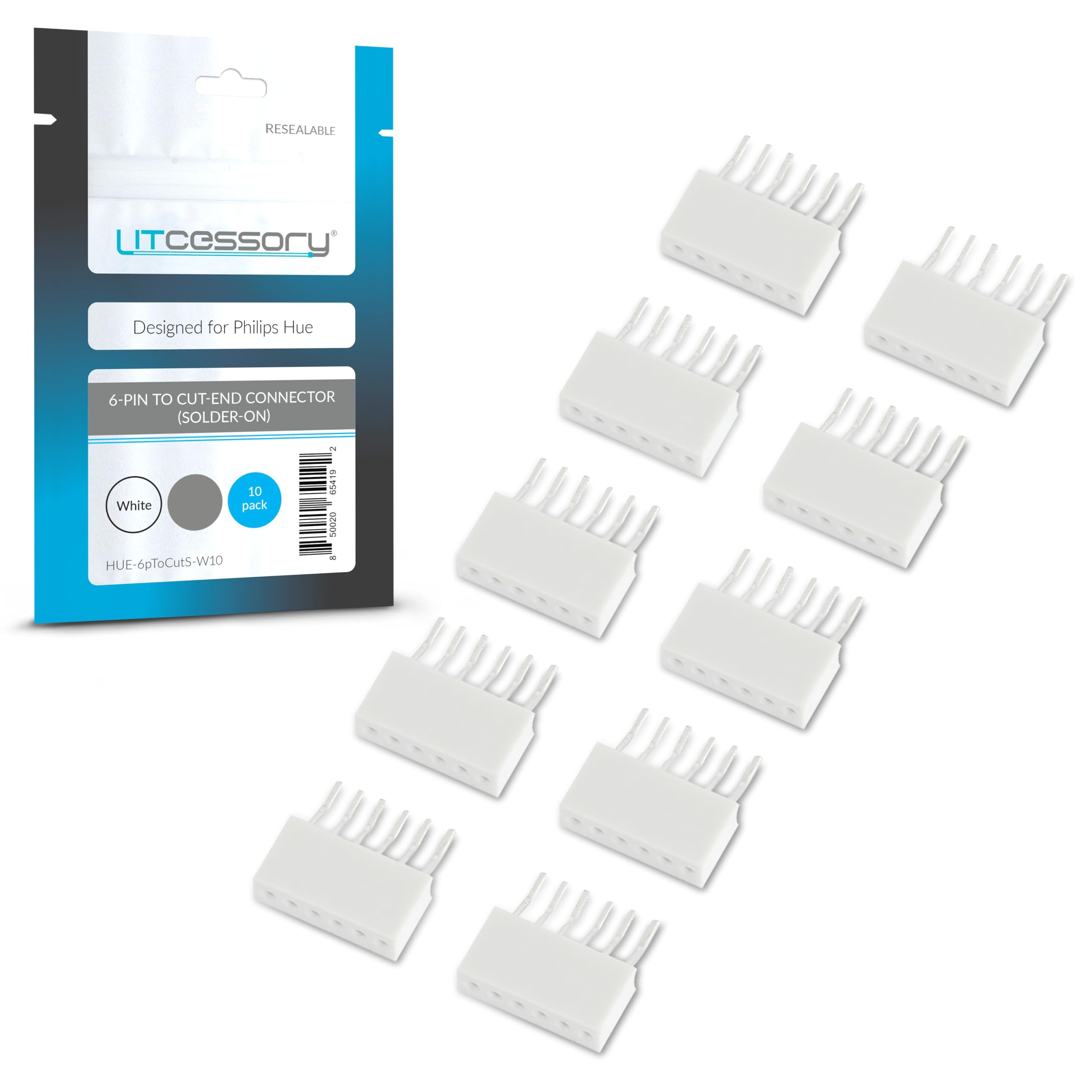 Litcessory 6-Pin to Cut-End Connector for Philips Hue/Solo Lightstrip (Solder-On) (10 Pack, White - Micro 6-PIN V4 / Solo Lightstrip)