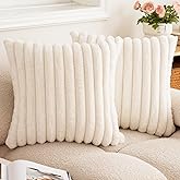 BAOLIZEGAO Double-Sided Faux Fur Plush Throw Pillow Covers 24x24 Set of 2 Fuzzy Striped Soft Cozy Pillowcase Luxury Decorative Pillows Square Shaggy Cushion Covers for Couch Sofa Bed,Cream White