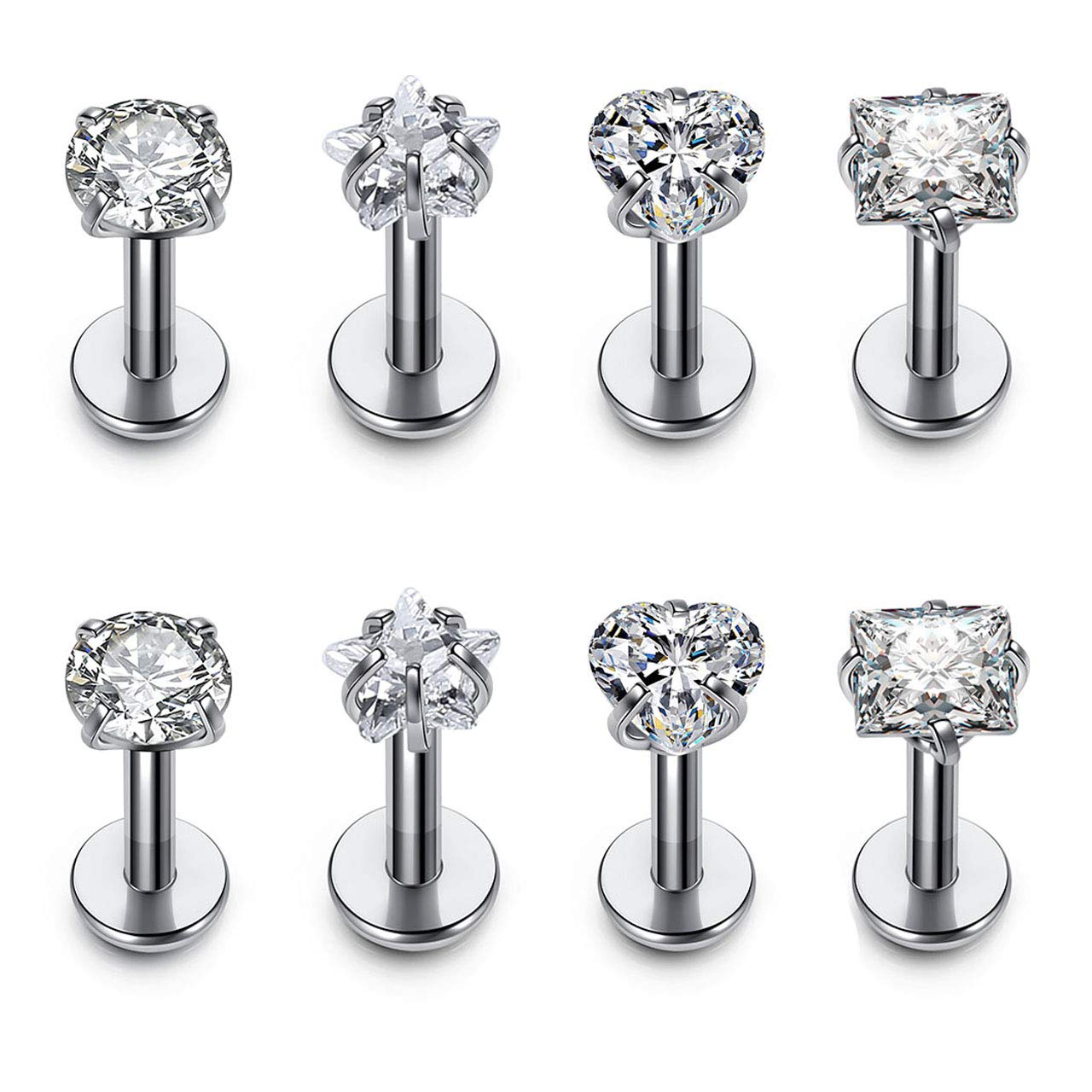 4 Pairs Cubic Zirconia Tragus Cartilage Helix Piercing Earrings Studs 1.3mm Gauge Stainlss Steel Flat Back