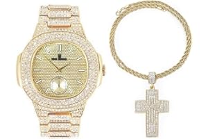 Charles Raymond Bling-ed Out Rapper Favorites - Ice'd Pendant w/Gold or Silver Necklace & Fully Bling'd Out Luxurious Gold or Silver Watch Set - NW2021