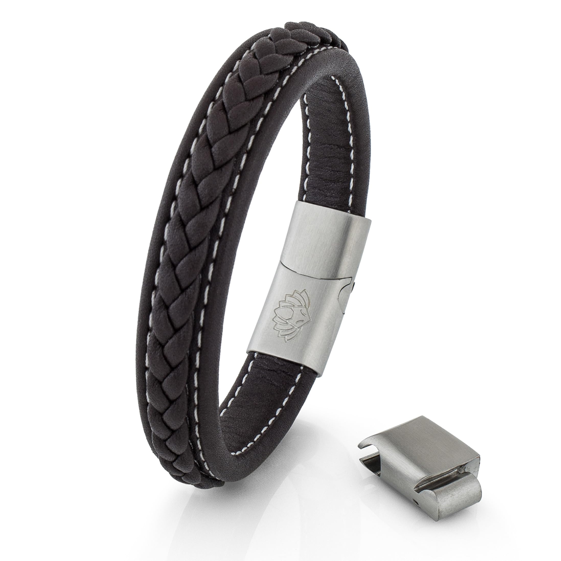 Akitsune Fides Leather Bracelet | Link Bangle Trinket Womens Stainless Steel Men Bracelet - Silver Brown 19cm