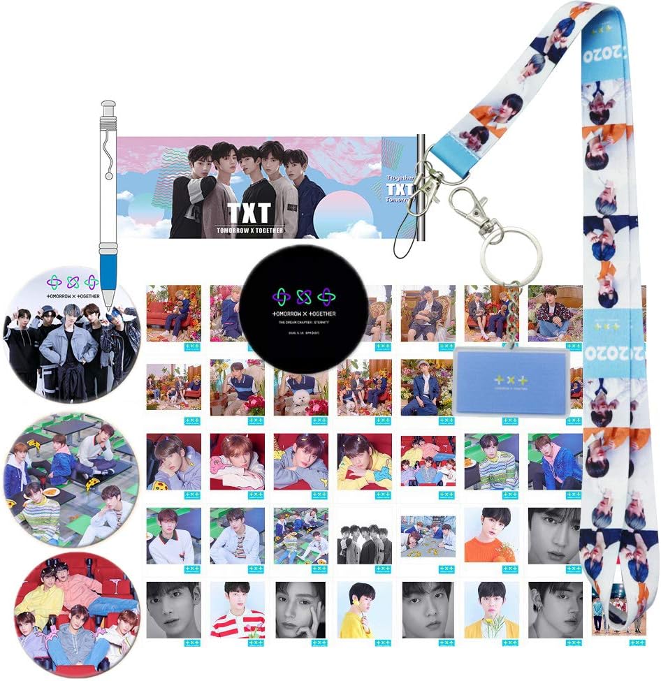 Gosoule TXT Gift Set for Fans,40 Pcs TXT Lomo Cards,3 Button Pins,1 Phone Ring Holder,1 Pull Pen,1 Lanyard,1 Keychain, Blue, Small
