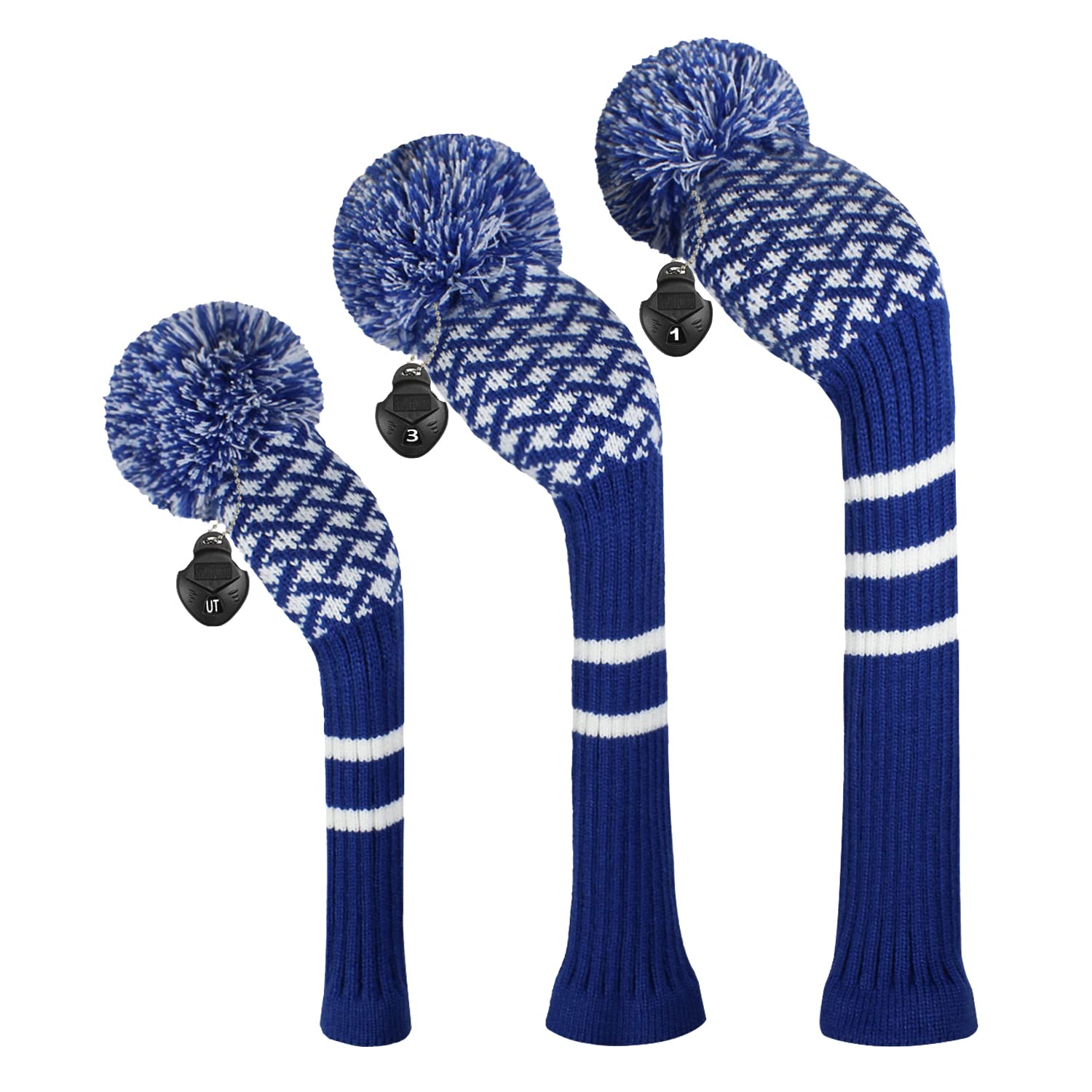 Scott Edward Knitted Golf Club Head Covers for Woods 3Pcs Set Golf Driver (460CC) Fairways and Hybrid/UT with Rotating Number Tags(Blue Reticulated)