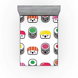 Ambesonne Sushi Fitted Sheet, Kawaii Style Sushi
