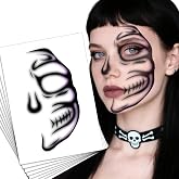 Halloween Half Skeleton Face Tattoo Stickers Scary Skull Stickers Day of The Dead Makeup Witch Zombie Decorations for Adults Halloween Masquerade and Parties Cosplay Supplies