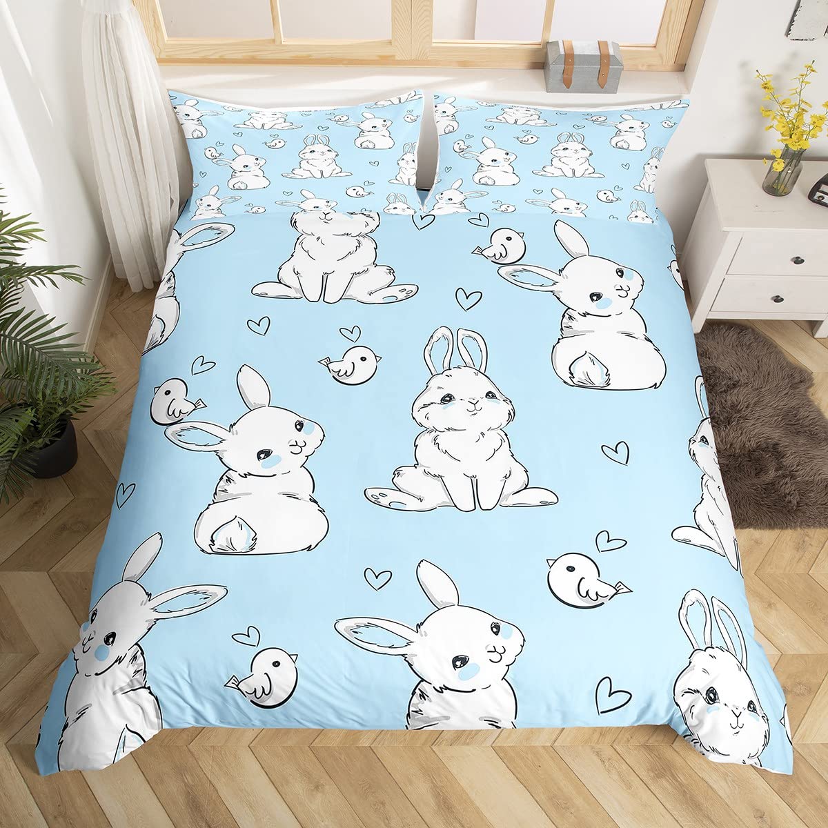 Kids Rabbit Bedding Set Cute Rabbit Heart Duvet Cover for Boys Girls Watercolor Cartoon Wild Animal Bed Cover Blue 3Pcs Double Size Boys — image 1