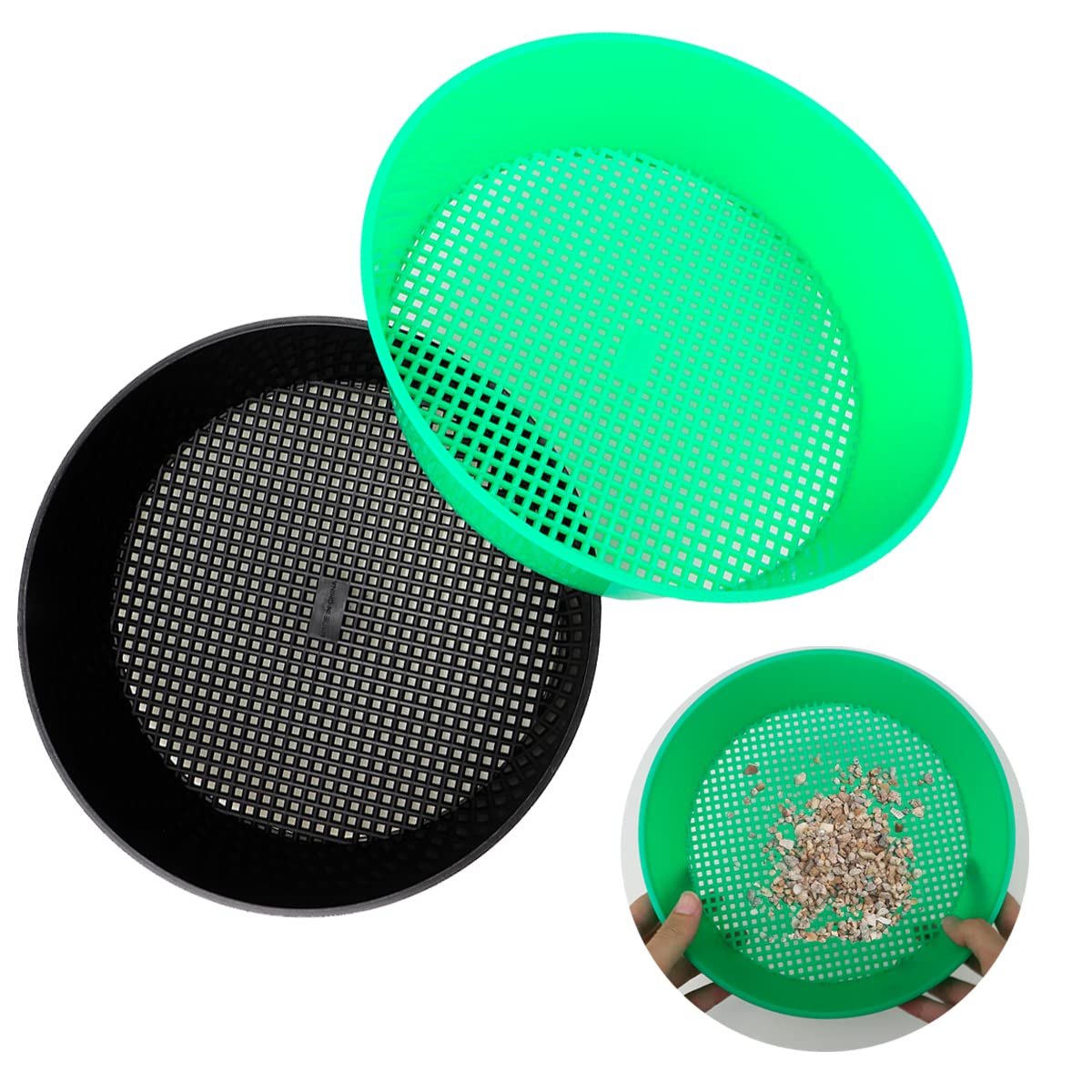 LNQ LUNIQI 2Pcs Soil Sifter Garden Sieve Plastic Sand Sifter Set for Sieve Work of Small Gravel, Soil, Sand（Green，Black）