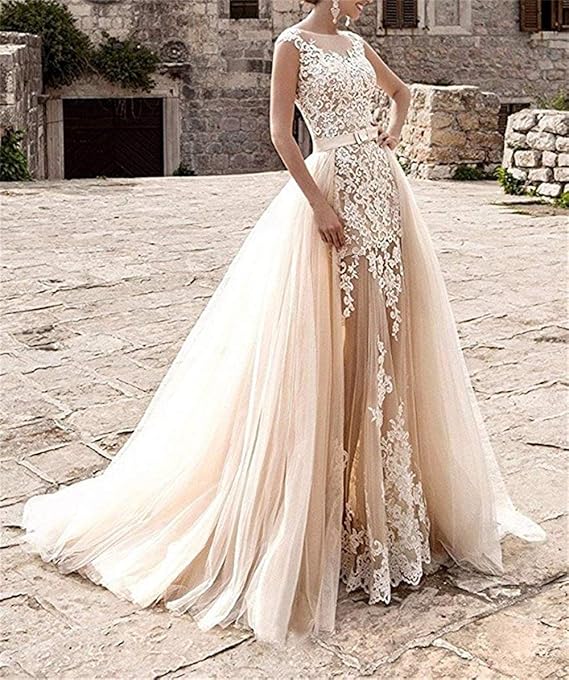 detachable tulle train wedding dress