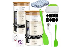 RAKOVAR Sourdough Starter Jars,40oz Large Capacity Sourdough Starter Kit,Jars for Sourdough with Sealed Lid, Sticters, Thermometer, Date Feeding Band, Checked Cloth Liner, Baking Supplies (1200 ML/40oz(2PCS)