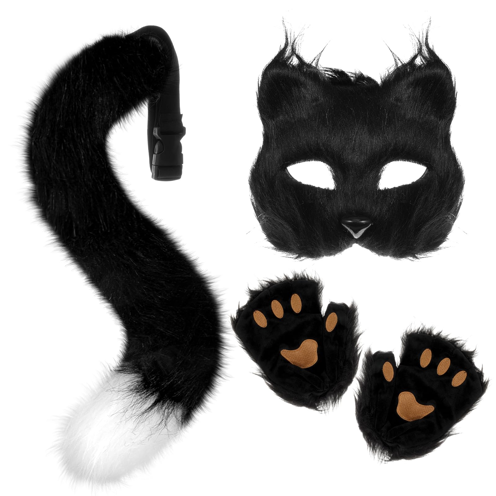 XEPST Furry Fox Wolf Cosplay Set with Mask Tail Paw Gloves, Animal Cosplay Costume Kit for Anime Fancy Dress Accessories Halloween Christmas Dress Up Carnival Role Play Party Supplies, Black