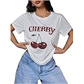 SHENHE Women's Cherry Print Tee Shirt Short Sleeve Crew Neck Summer Cute Tshirt Top