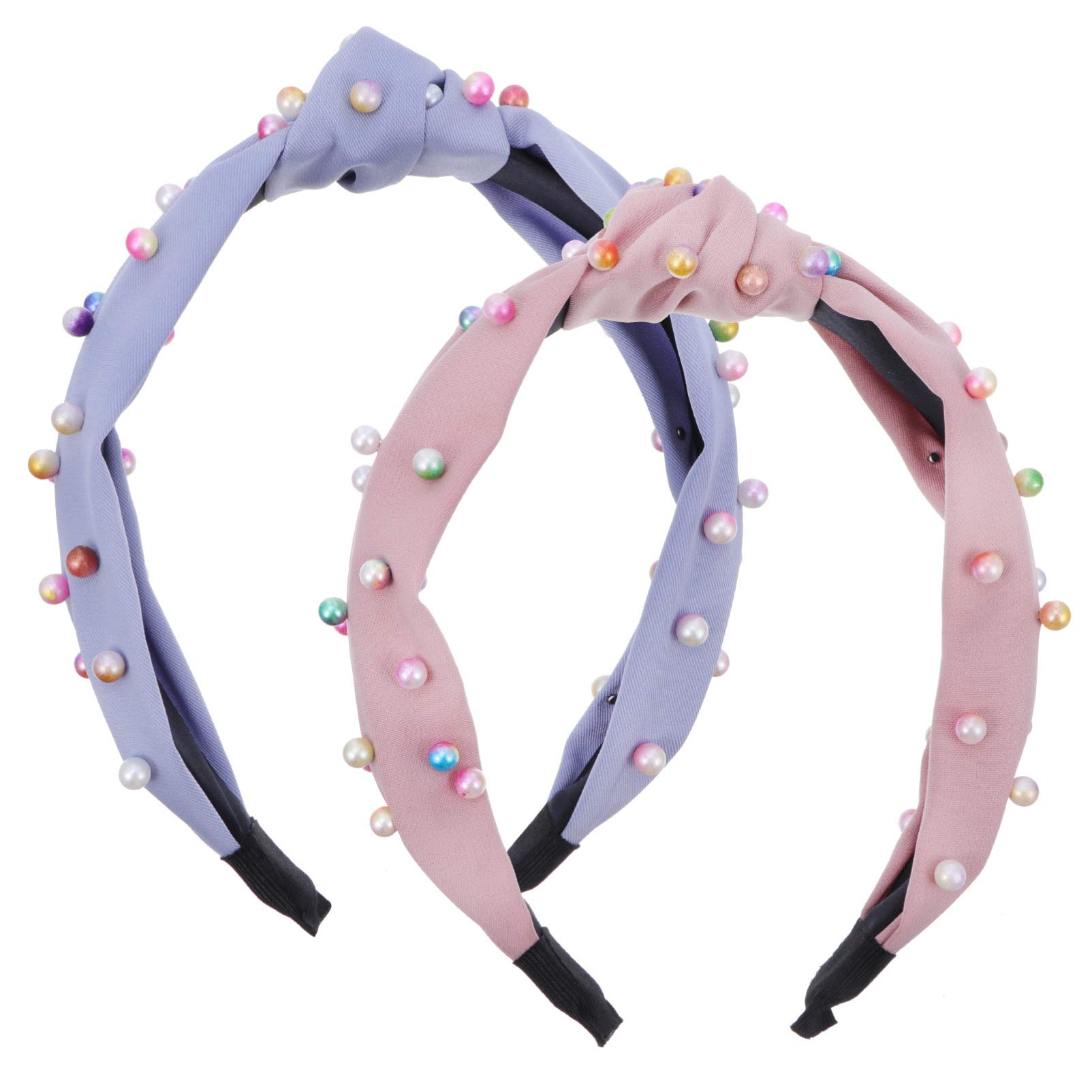 FRCOLOR 2pcs Pearls Headband Wide Hair Hoop Knot Turban Hairband Vintage Twisted Headwear for Girl Woman Hair Accessories Blue pink