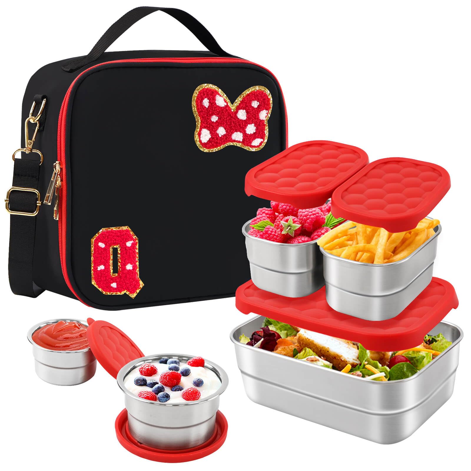 Photo 1 of Insulated Lunch Box Set, Bow Mouse Preppy Initial Lunch Bag With Stainless Steel Bento Box, Cooler Snack Food Containers Back To School Gift Girls Teens Kid Women For Picnic Park Work Travel Black Q