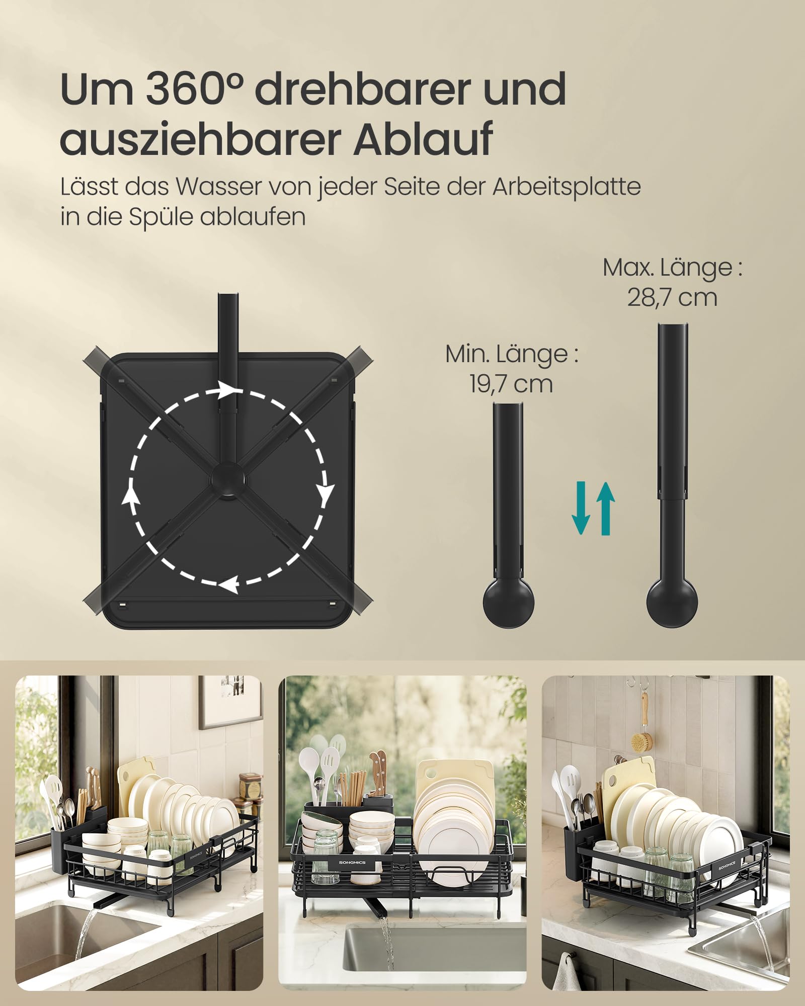 SONGMICS Abtropfgestell Geschirr, für kleine Räume, Geschirr-Abtropfständer ausziehbar, 360° drehbarer und ausziehbarer Ablauf, Stahl, (30,2-46,5) x 29,6 x 14 cm, tintenschwarz KCS556BH01 5