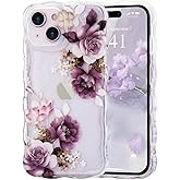 Micoden for iPhone 14 Case, Cute Floral Girls Women Soft Case Silicone Shockproof Curly Wave Wavy Edge Camera Protection Cover Clear Thin[Non Yellowing] Flower Pattern Phone Case for iPhone 14, Purple