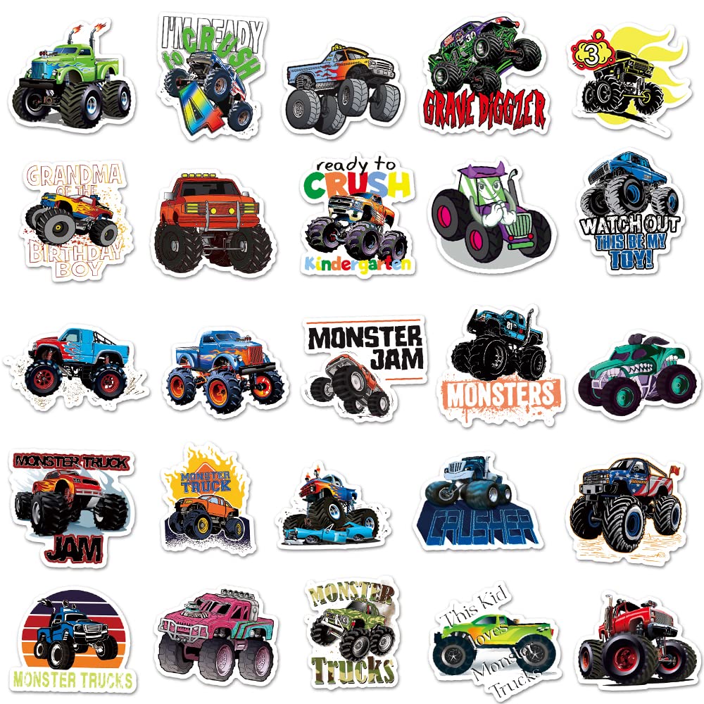 50PCS Monster Truck Stickers, Truck Car Stickers for kids, Car Stickers Waterproof for Water Bottles Skateboard Car Bike Phone Case Laptop Suitcase, Monster Truck Gifts for Girls Boys Party