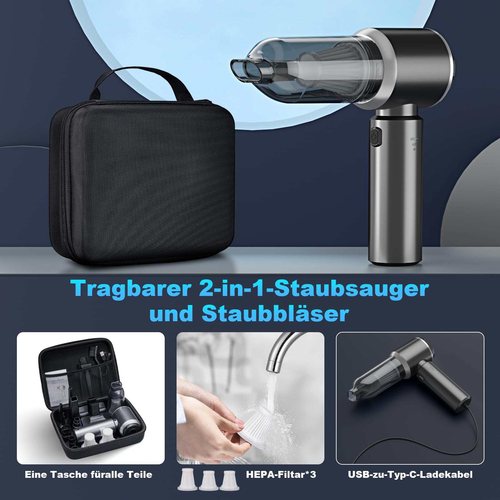 2-in-1 Handstaubsauger Akku,28000PA Handstaubsauger Kabellos,Auto Staubsauger Stark,3-Gang 240000 U/min Elektrische Staubgebläse Druckluftspray für Auto, Küche,PC, Sofa, Büro, Haus& Tierhaar Reinigung 7