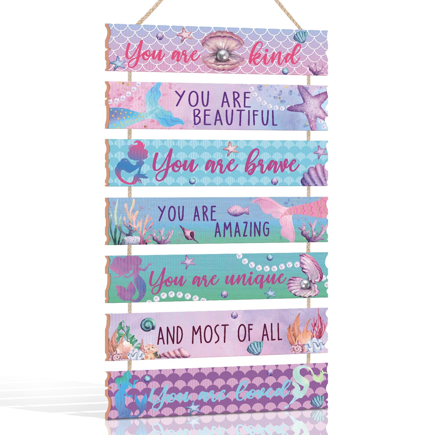 KAIRNE Mermaid Wall Art for Girls Bedroom,Rainbow Wall Sigin,Shell Aesthetic Wall Art Hanging Sign,Inspirational Quotes Hanging Sign Pink room Door Plaque,Mermaid Wall Decor for Bathroom Decoration