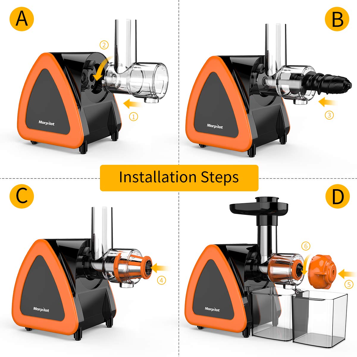 morpilot Estrattore di Succo a Freddo Professionale, 60 Giri/Min Spremitura Lenta 55DB Basso Rumore, Adatto Frutta e Verdura, Funzione Pulizia Inversa e Spazzola, Acciaio Inox, BPA Free