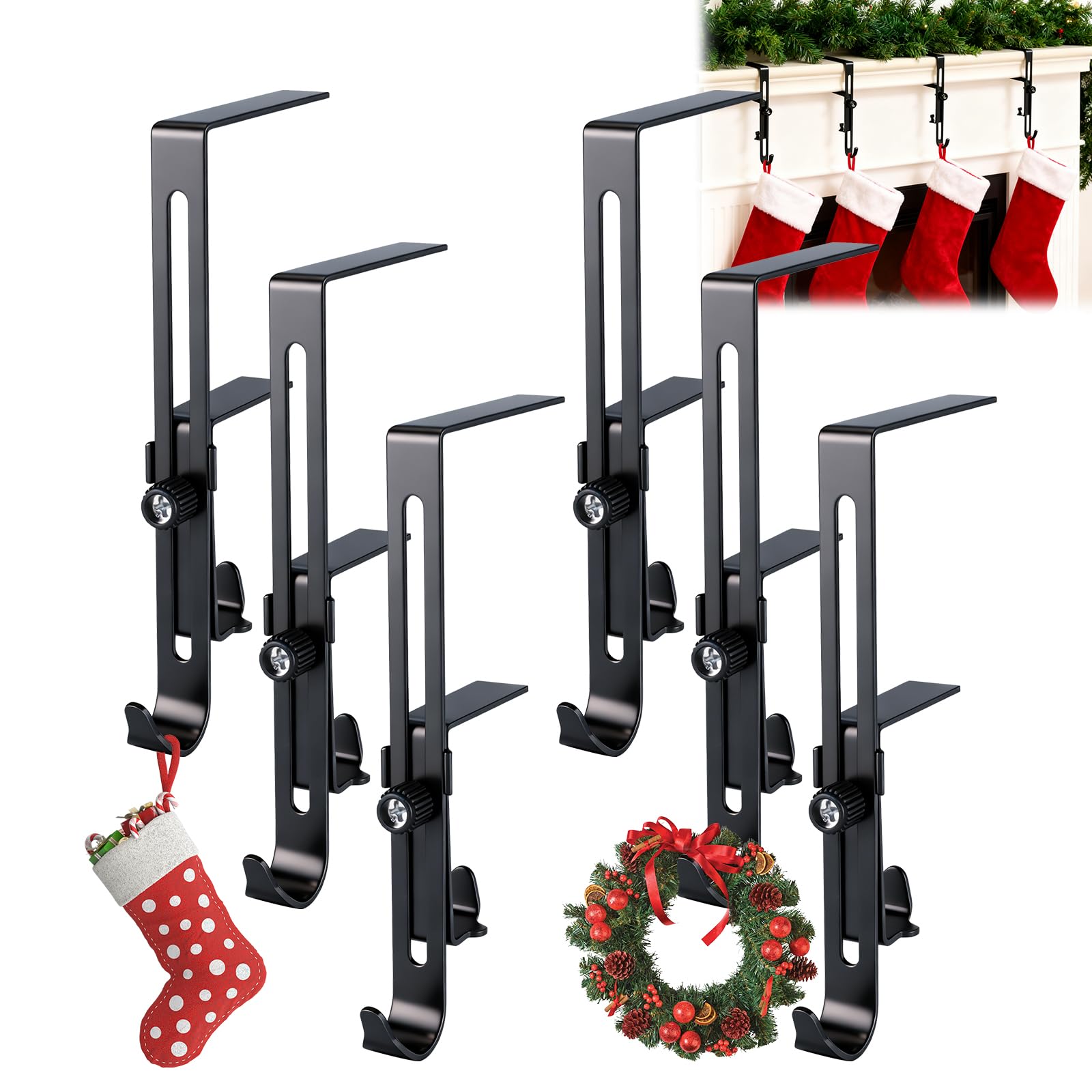 Photo 1 of 6PCS 2 in 1 Mantel Hangers for Garland, No-Drill Adjustable Fireplace Stocking and Garland Hanger for Mantels up to 6Thick Wreaths, Holds 11 lbs