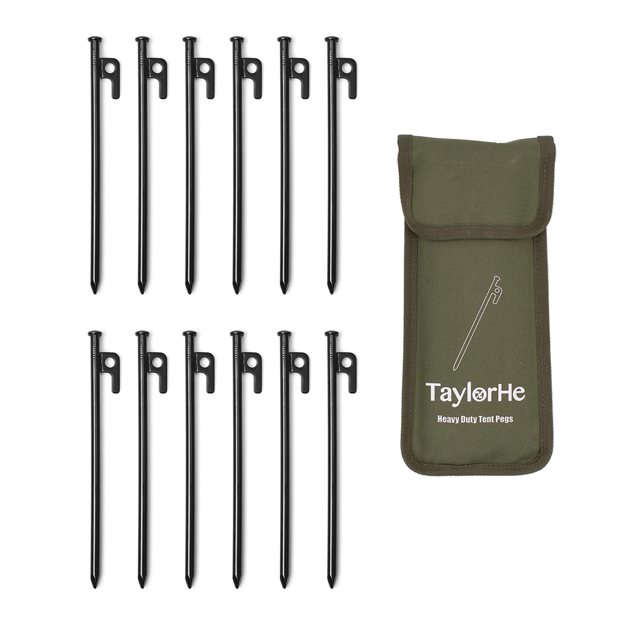 TaylorHe EXTRA STRONG TENT PEGS Pack of 12 Black 25CM 10inch Heavy Duty Metal Steel Tent Pegs Stakes Peg with Strong Canvas Pouch for Outdoors Travelling Hiking Camping