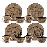 16 Piece Stoneware Cabin Lodge Theme Vintage Dinnerware Set - Allover Hunting Theme Bears Moose Lions Animal Print Black &amp; Tan Brown Color Round Shaped Farmhouse - for 4