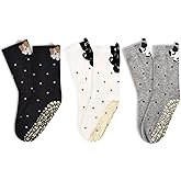 COARVXA 3 Pairs Cute Pilates Grip Socks for Women Polka Dot Flocked cat pattern Non Slip Grip Socks for Yoga, Barre