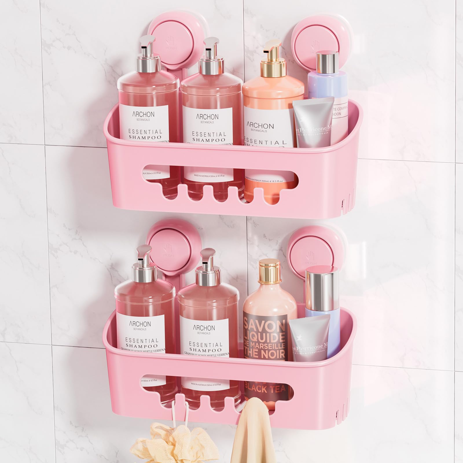 Photo 1 of LEVERLOC Shower Caddy Suction Cup 2 Pack, Shower Organizer Removable Bathroom Shelf, Storage Suction Powerful Max Hold 22lbs Bathroom Caddy Waterproof Holder, Pink