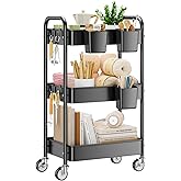 YASONIC 3 Tier Rolling Cart, Heavy Duty Metal Utility Cart with Wheel Black | Sturdy Rolling Storage Cart With Hooks &amp; Hanging Cups, Great For Craft, Art Workspace, Kitchen ,Snack And Office Storage