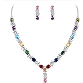 EleQueen Women's Silver-Tone Cubic Zirconia Oval Shape Leaf Necklace Earrings Set for Brides and Weddings