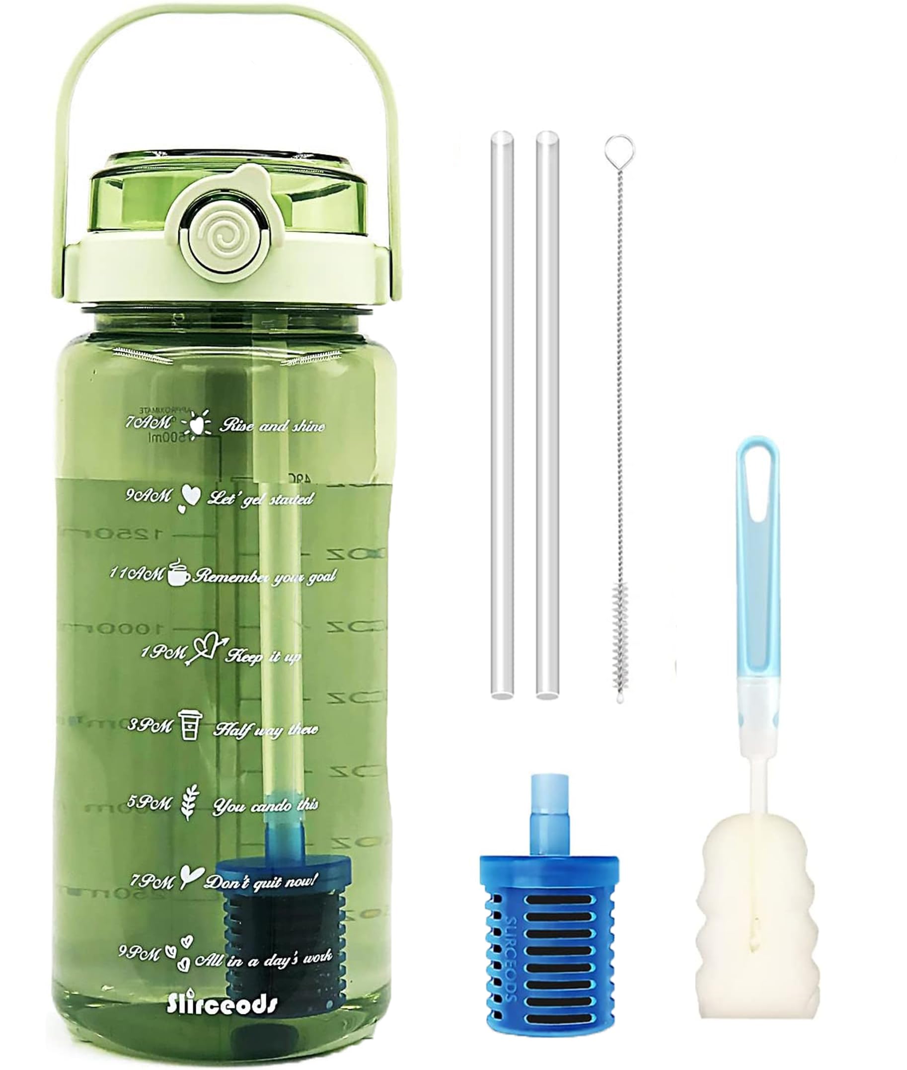 1.5L Filtered Water Bottle with One Filter 49oz ,Green Fitness Hydration Water Bottles with Straw & Time Marker, Leak Proof Sports Water Mug with Handle -BPA Free-For Yoga, Gym, Office (Clear Green)
