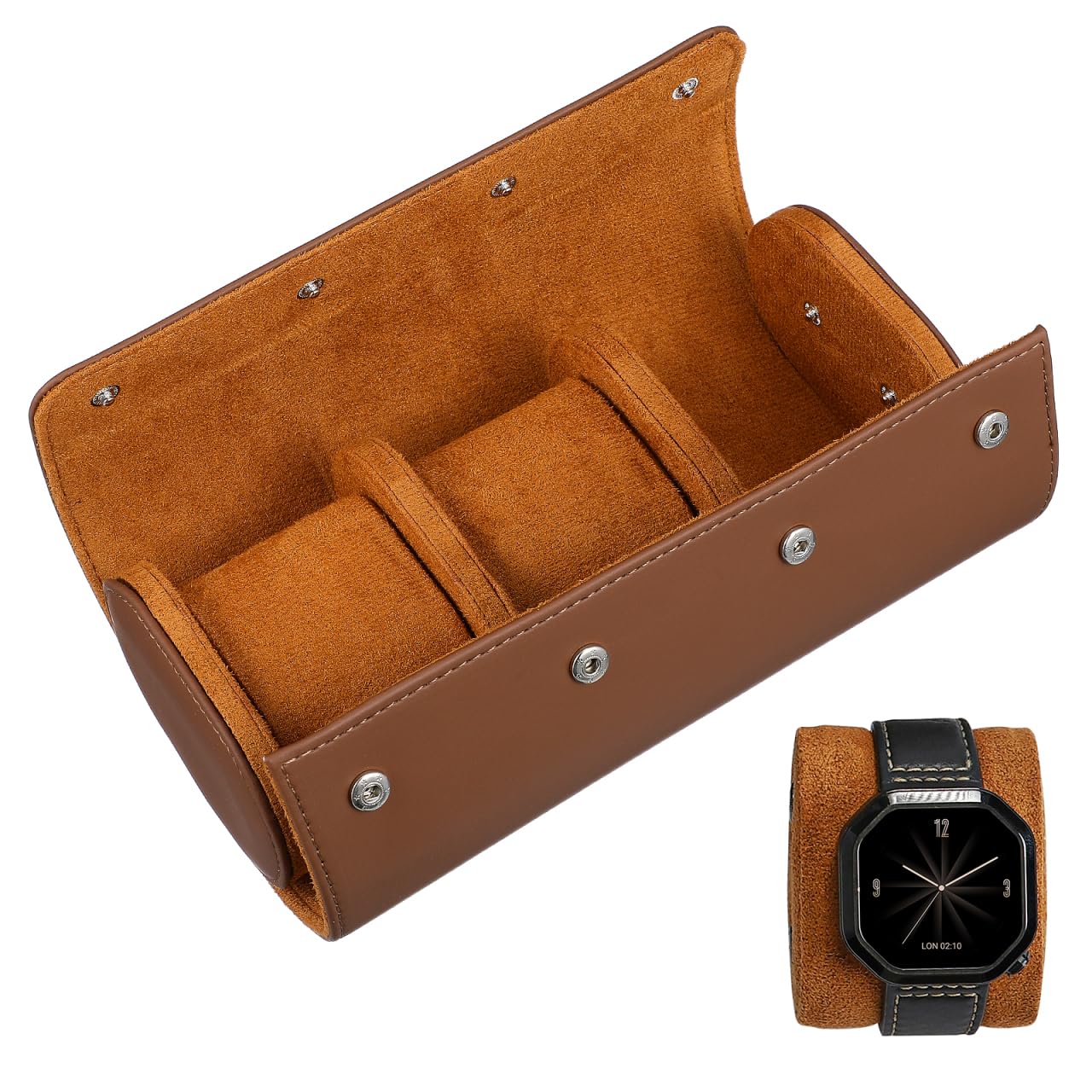 iplusmile Watch Box for Men: Portable Travel Watch Roll Case 3 Slot Vintage PU Leather Case Organizer for Wristwatches and Smart Watches up to 50mm, Brown