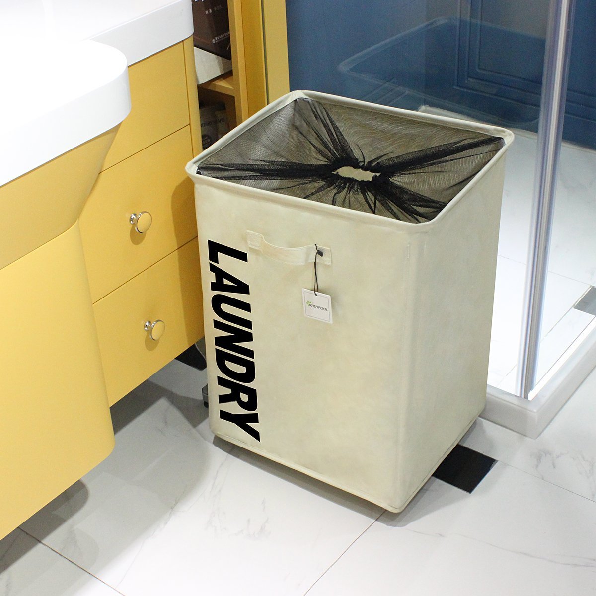 WISHPOOL Large Rolling Stand Folding Slide Laundry Basket Square Collapsible Waterproof Dirty Laundry Hamper Bin Organizer Storage with Mesh Wheels (Beige)