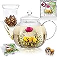 Teabloom Stovetop & Microwave Safe Glass Teapot (40 OZ / 1.2 L) with Removable Loose Tea Glass Infuser – Includes 2 Blooming Teas – Premium Quality Teapot Gift Set (Holds 4-5 Cups)