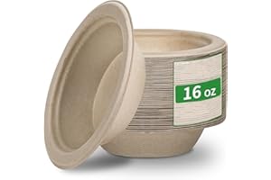 Aricsen Compostable 16 Ounce 150 Pack Disposable Round Paper Bowls, PFAS-Free, Eco-Friendly, Biodegradable Bagasse For Hot Soup Food Salad Dinner Party, Unbleached Natural Light Brown (150, 16 OZ)