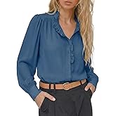 Astylish Women's 2026 Ruffle Collar Long Puff Sleeve Chiffon Blouse Button Down Shirt Loose Fit Spring Summer Tops