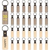 30 Pcs Leather Wooden Keychain Blanks, Beech Walnut Keychains with Leather Straps & Metal Rings, Rectangular Blank Tags, Unfinished Wood Key Tags for Engraving, DIY Crafts, Personalized Gifts