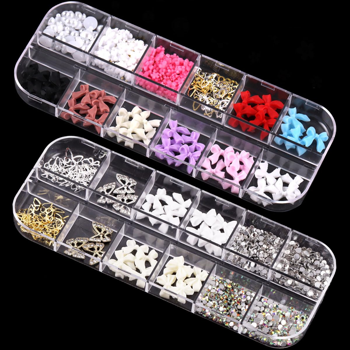 Bow Nail Charms - 2 Boxes Pearl Butterfly Bowknot Flower Art Decorations, Rhinestones Caviar Beads for 3D Design, DIY Crafting, Party, Daily, Wedding — image 1