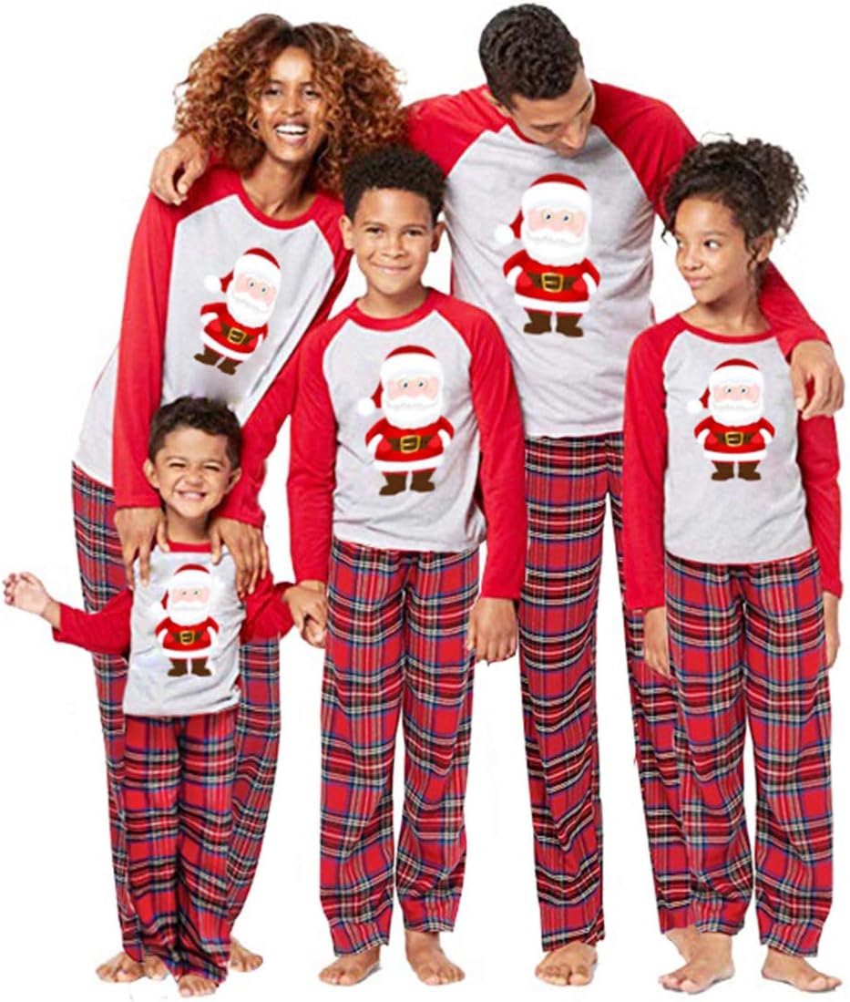 2Pcs Family Matching Christmas Santa Claus Outfits Long Sleeve T-Shirt Romper+Plaid Long Pants Pajamas