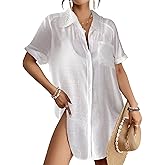 Bsubseach Women Beach Shirt Bathing Suit Cover Up Embroidered Lapel Blouses Button Down Collar Tops