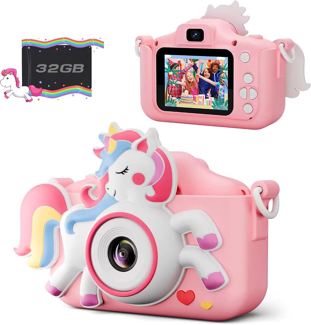 Diswoe Kids Camera 2 Inch 12MP 1080P Pink 32GB Card Available for Ages 3-12